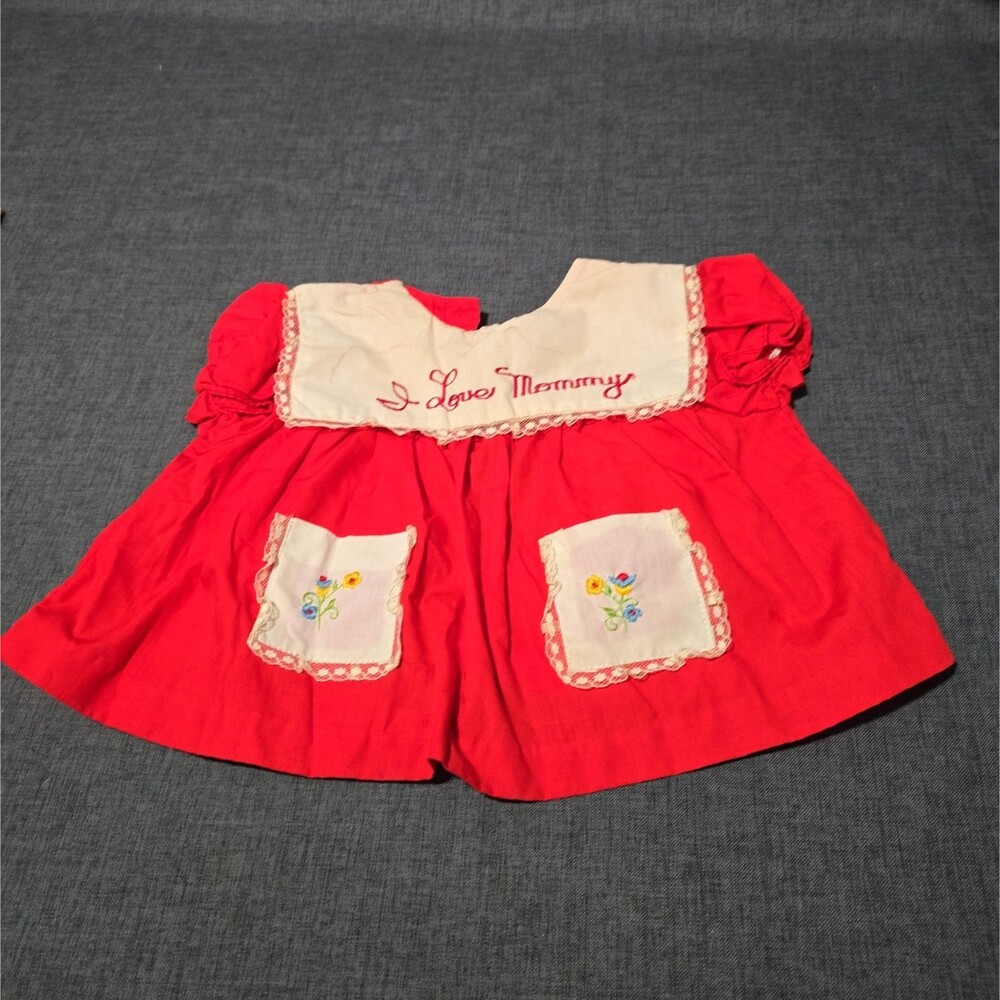 1980s I Love Mommy Red Baby Dress Lace And Embroidered Flowers Ruffles Button-up
